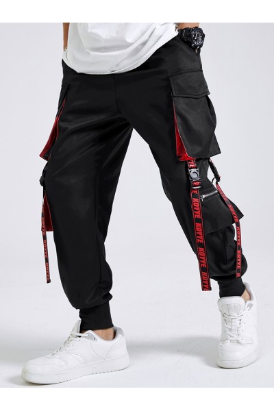 Mens Letter Tape Multi Pockets Fashion Pants