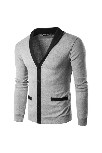 Classic Brief Fashion Neckline Sweatershirt Men’s Single  breasted Hit Color Knitting Cardigan