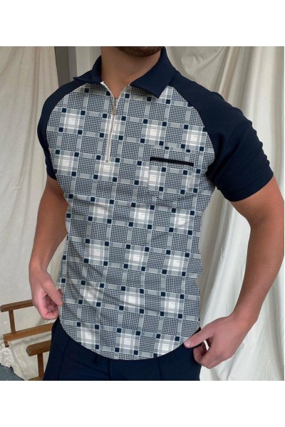 Men's fashionable color block plaid short sleeves HF0406-03-03