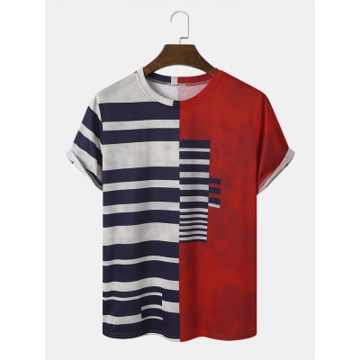 Men Stylish Asymmetric Striped Print Patchwork O Neck Hem Cuff Casual T  Shirts