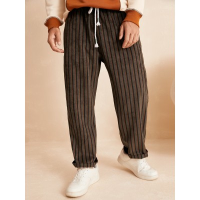 Men Casual Striped Straight Drawstring Waist Loose Pants