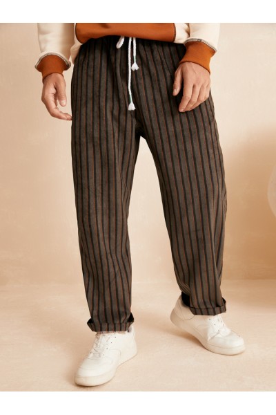 Men Casual Striped Straight Drawstring Waist Loose Pants