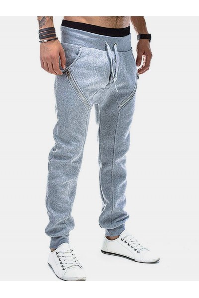 Mens Plain Zipper Pocket Button Fly Drawstring Waist Casual Jogger Pants