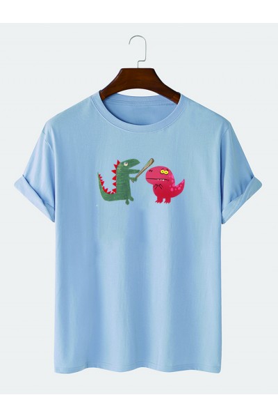 Mens Funny Cartoon Dinosaur Print 100  Cotton Casual T  Shirt