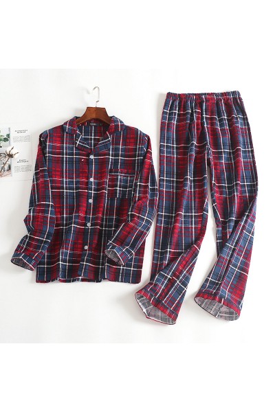 Mens Plaid Printing Turn down Collar Home Cotton Autumn Sleepwear Set