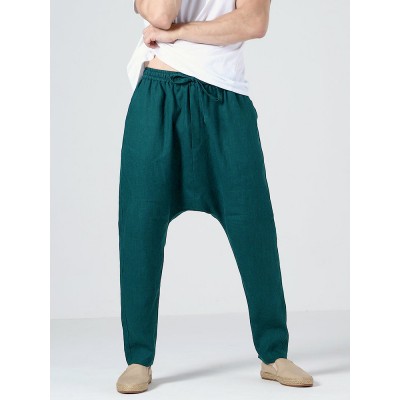 Mens 100  Cotton Solid Color Baggy Casual Drawstring Pants