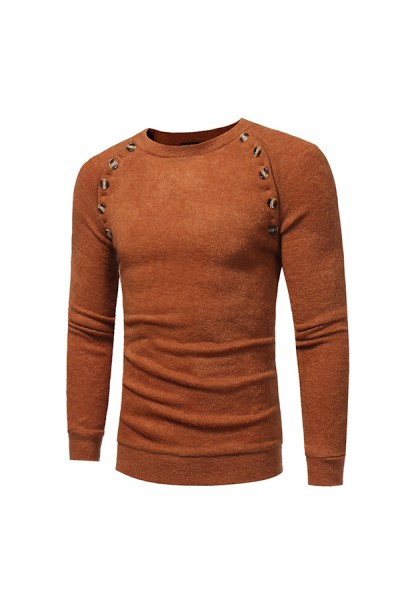 Autumn Winter Men’s Fashion Button Design Pullovers Casual Slim Round Neck Long Sleeved Pullover Swe