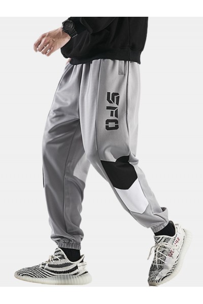 Mens Letter Print Stitching Cotton Drawstring Cuffed Jogger Pants With Pocket