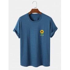 Mens Sunflower Print Round Neck Short Sleeve T  Shirt