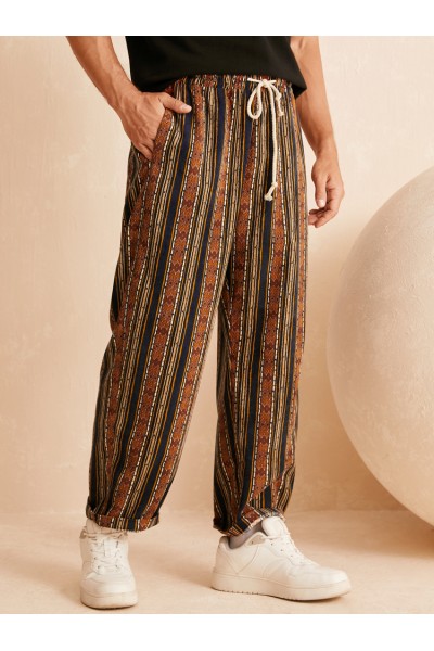 Men Ethnic Style Striped Loose Drawstring Waist Casual Pants