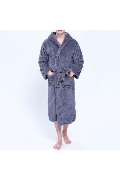 Men Flannel Pockets Bathrobe Pajama Hooded Sleepwear Robe