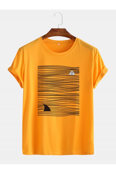 Mens Shark   Line Print Round Neck Short Sleeve Cute T  Shirts