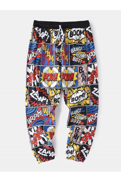 Mens Cartoon Letter Print Elastic Waist Pant