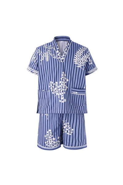 Mens Casual Cotton Khan Steamed Sauna Stripes Printing Sleepwear Suits Hotel Bath Clothes