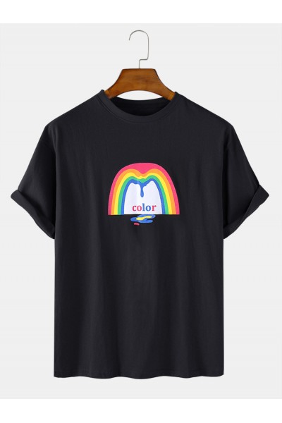 Mens Rainbow Graphic Print Cotton Round Neck Casual Short Sleeve T  Shirt