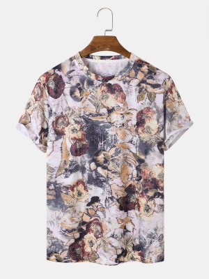 Mens All Over Floral Plants Print Holiday Short Sleeve T  Shirts