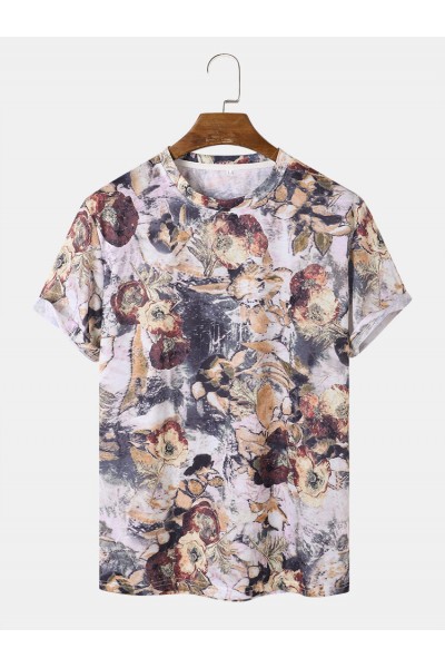 Mens All Over Floral Plants Print Holiday Short Sleeve T  Shirts