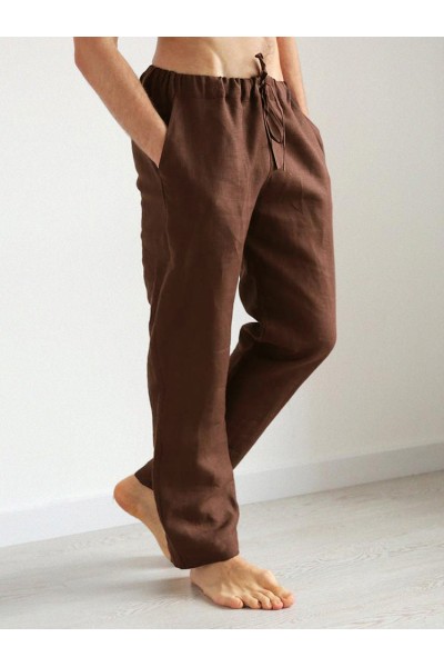 Mens Solid Color 100  Cotton Plain Casual Drawstring Pants