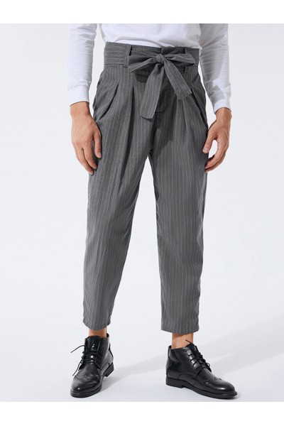 Men Cotton Design Striped Belted Pockets Casual Pants