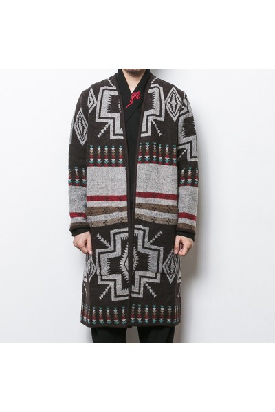 Mens Mid Long Ethnic Printing Pattern Chic Cardigans Coats